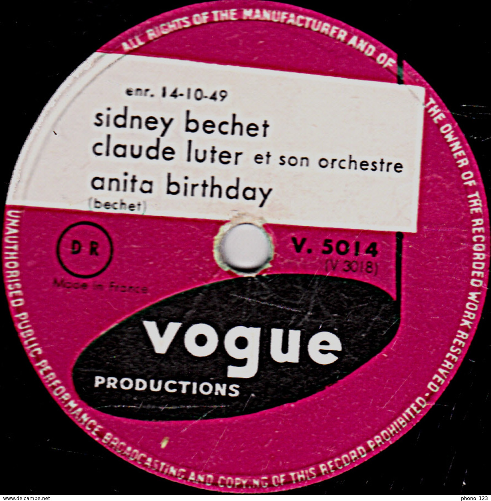 78 T. - 25 Cm - état TB -  Sidney Bechet  Claude Luter  14/10/49 -  ANITA BIRTHDAY 6 BECHET CREOLE BLUES - 78 T - Disques Pour Gramophone