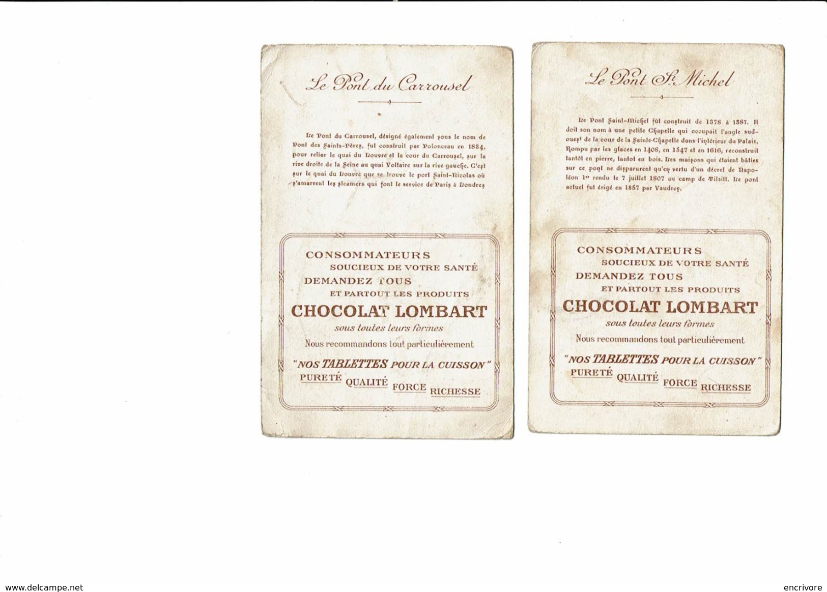 2 Chomos CHOCOLAT LOMBART  Ponts De Paris Pont Du Carroussel Saint-Michel St-Nicolas Charles V Louis Philippe - Lombart