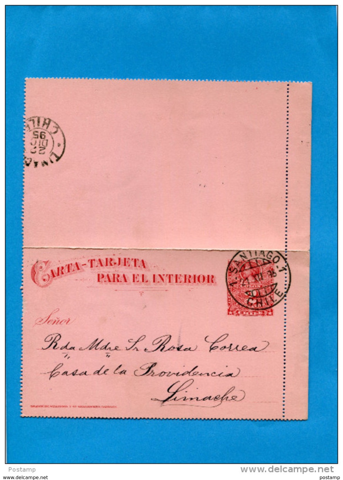 MARCOPHILIE -CHILI-carte Entier Postal  -"para El Interior" Cad SANTIAGO 21 Dec  1895 -pour Limache - Chile