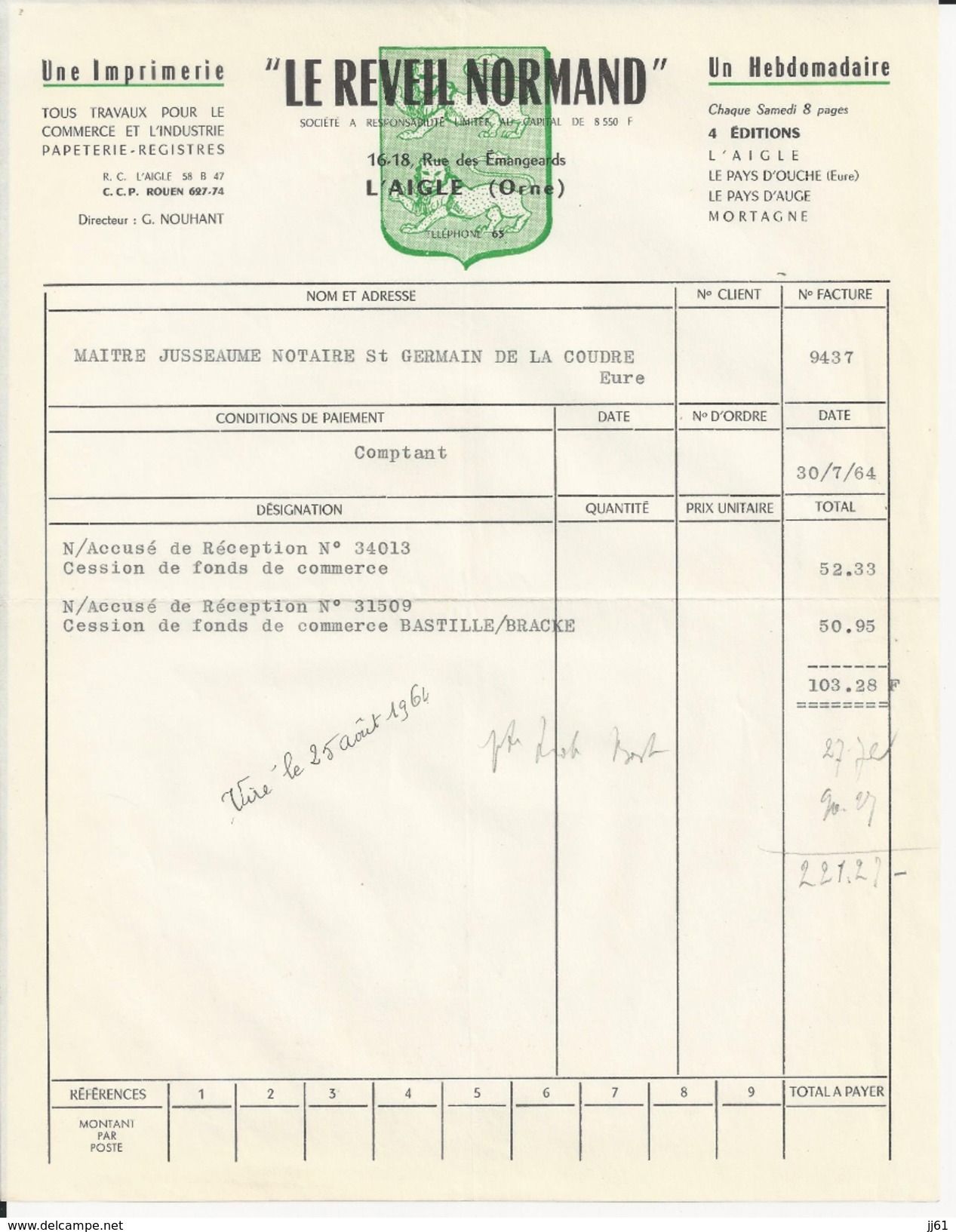 L AIGLE ORNE LE REVEIL NORMAND IMPRIMERIE PAPETERIE ENVOYE A SAINT GERMAIN DE LA COUDRE  ANNEE 1964 - Autres & Non Classés