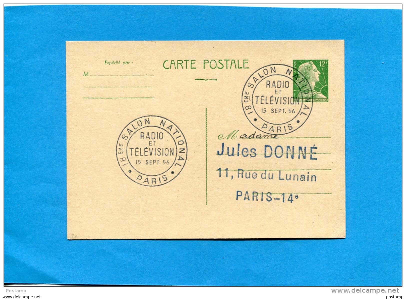 Marcophilie-Françe-carte Entier Postal 12frs Marianne De Muller-cad "salon Radio Télévision" 15-9 1956 - Cachets Commémoratifs