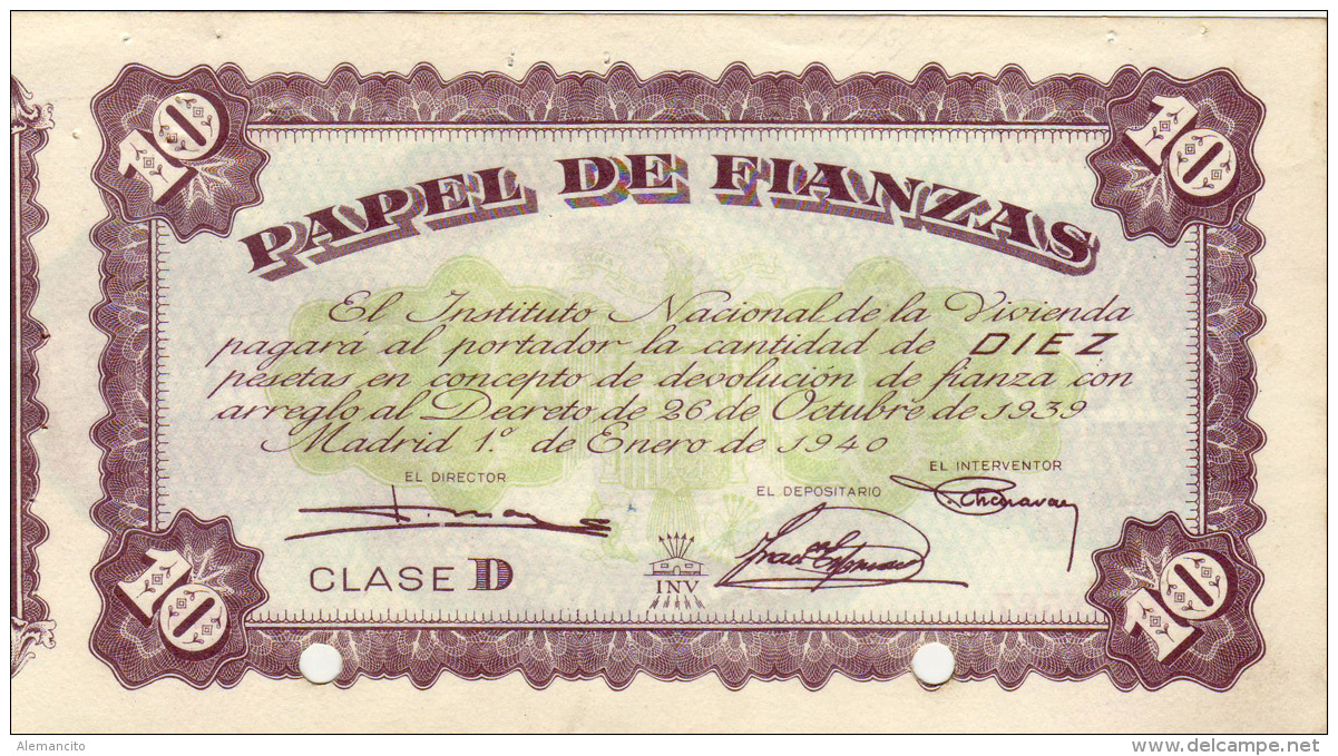 PAPEL DE FIANZA   INSTITUT0 NACIONAL DE LA VIVIENDA  AÑO 1939-40 - Chèques & Chèques De Voyage