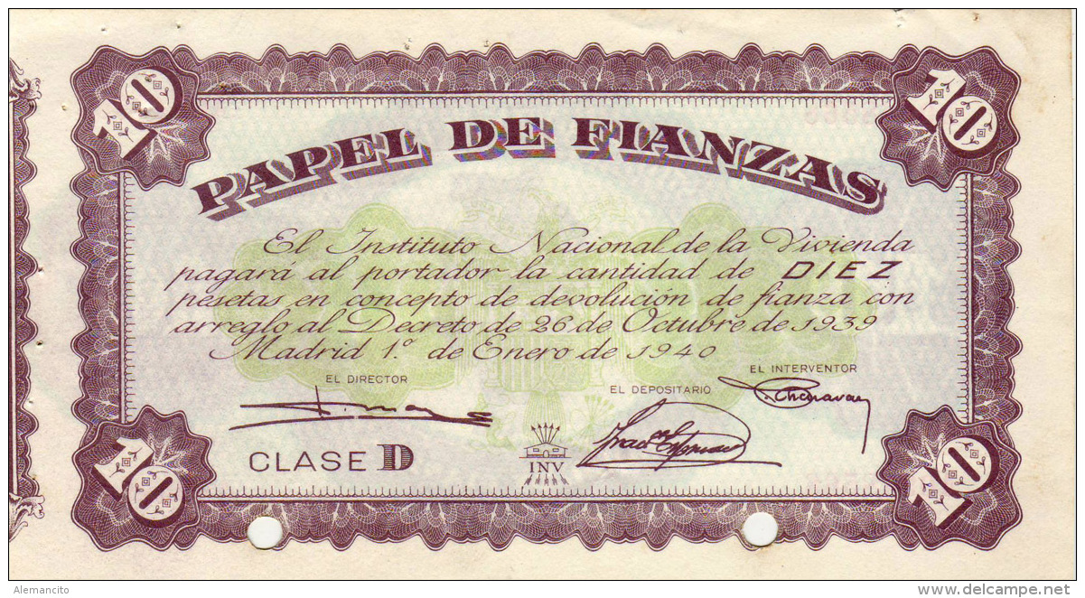 PAPEL DE FIANZA   INSTITUT0 NACIONAL DE LA VIVIENDA  AÑO 1939-40 - Chèques & Chèques De Voyage