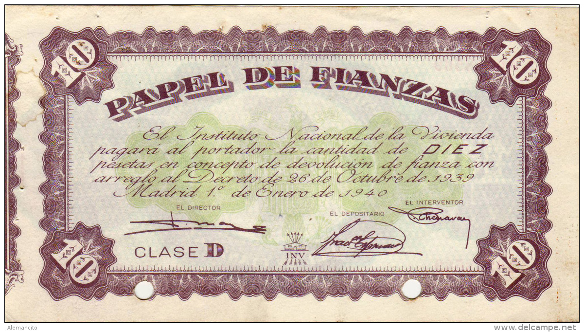 PAPEL DE FIANZA   INSTITUT0 NACIONAL DE LA VIVIENDA  AÑO 1939-40 - Chèques & Chèques De Voyage