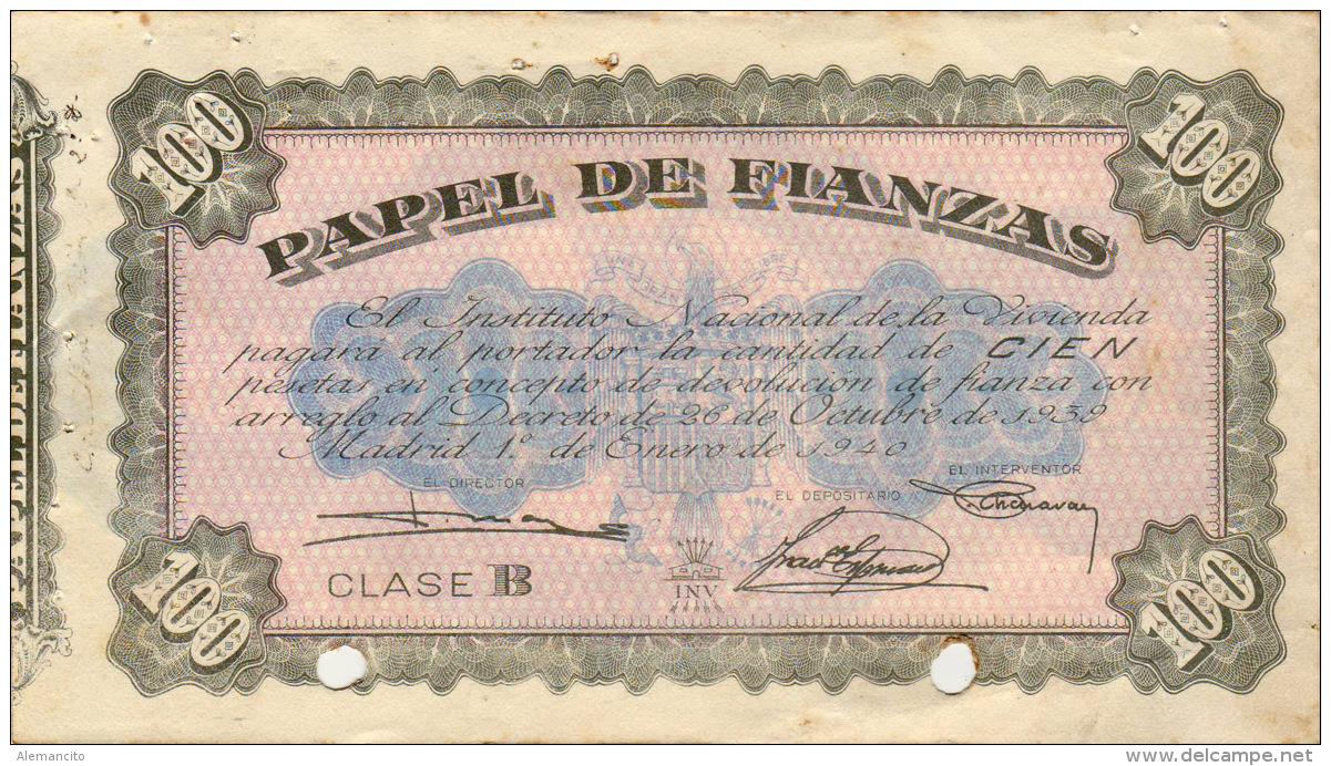 PAPEL DE FIANZA   INSTITUT0 NACIONAL DE LA VIVIENDA  AÑO 1939-40 - Schecks  Und Reiseschecks
