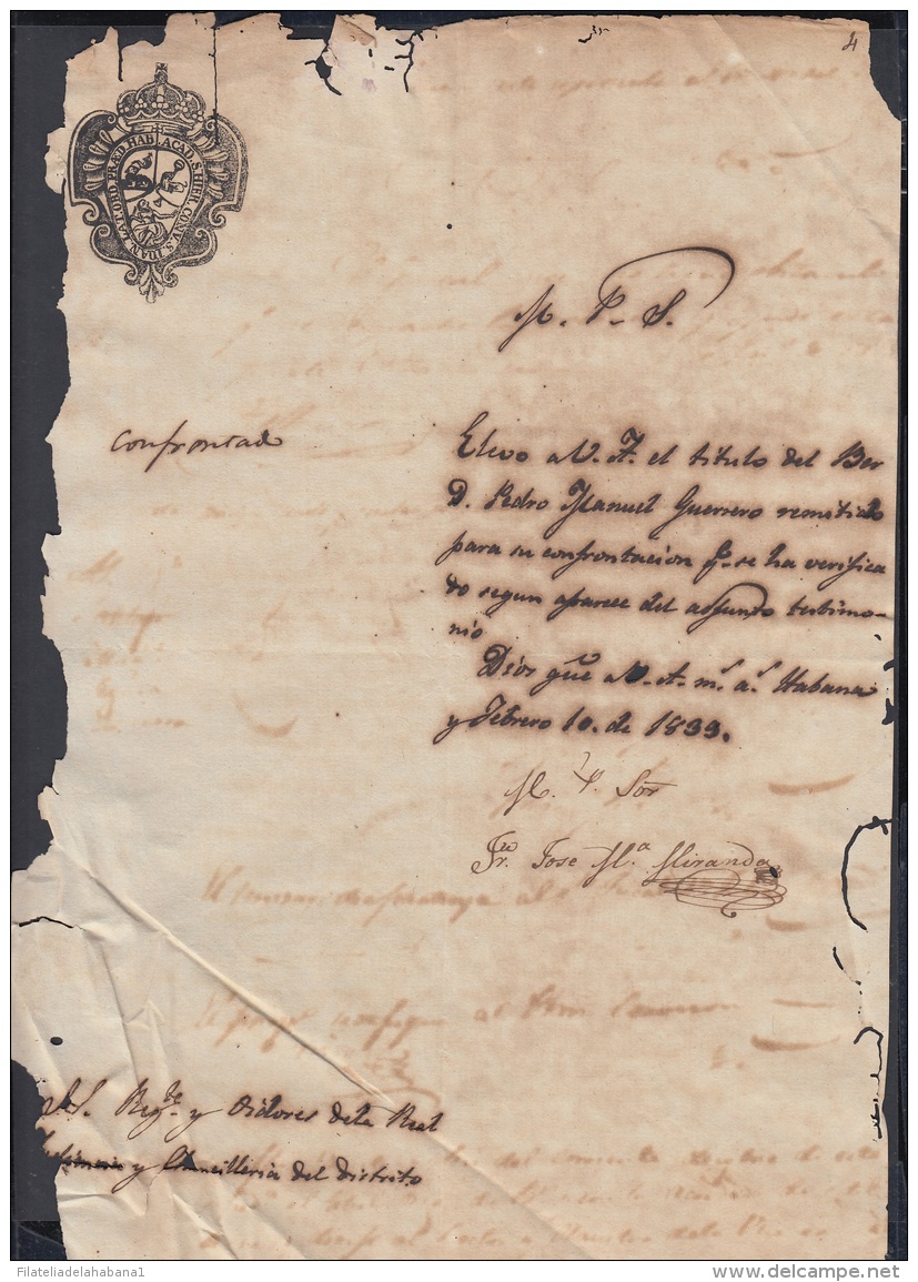 E5002 CUBA ESPAÑA SPAIN. 1833 CERTIFICACION DE LA UNIVERSIDAD DE LA HABANA. - Historical Documents