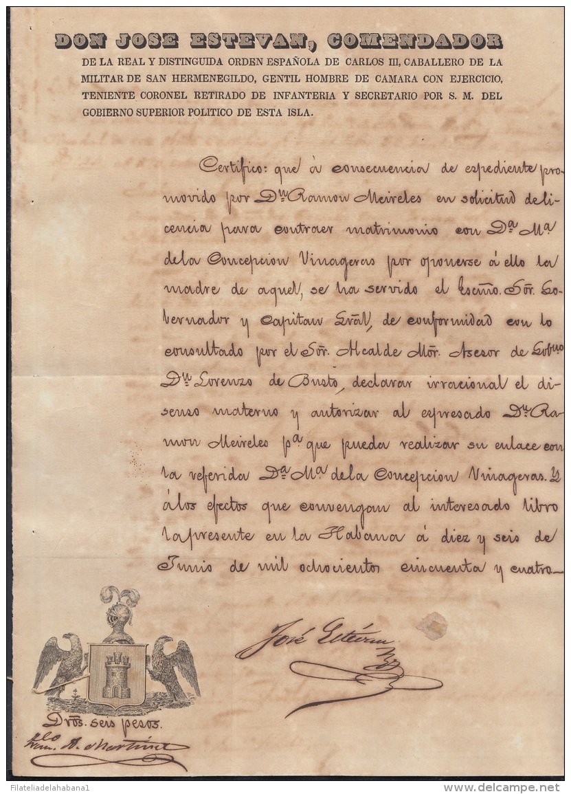 E5017 CUBA ESPAÑA SPAIN. 1854. MILITAR MARRIAGE LICENCE. LICENCIA PARA CONTRAER MATRIMONIO. - Historical Documents