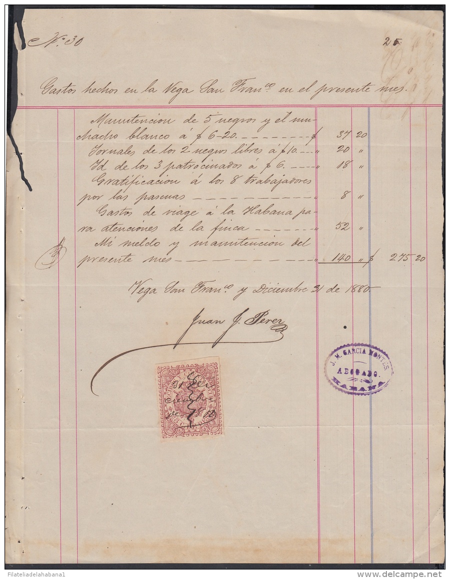 E5023 CUBA ESPAÑA SPAIN. 1880. TABACO VEGA SAN FRANCISCO. REPORTE GASTOS DE NEGROS LIBRES. FREE SLAVE TOBACCO. - Documents Historiques