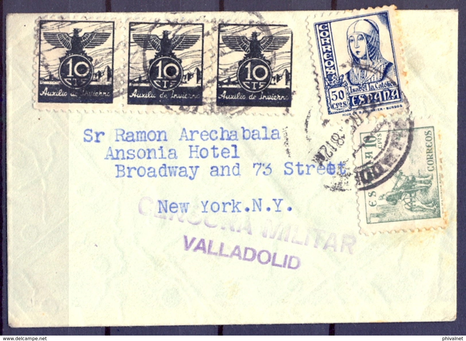 1938 , GUERRA CIVIL , VALLADOLID - NUEVA YORK , CENSURA MILITAR , AUXILIO DE INVIERNO - Cartas & Documentos