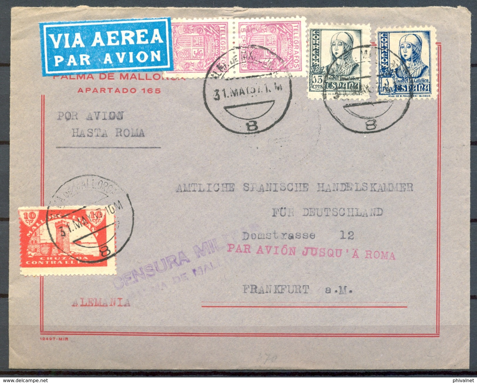 1937 , BALEARES , GUERRA CIVIL , PALMA DE MALLORCA - FRANKFURT , CENSURA MILITAR , MARCA DE ENCAMINAMIENTO ,CORREO AÉREO - Cartas & Documentos