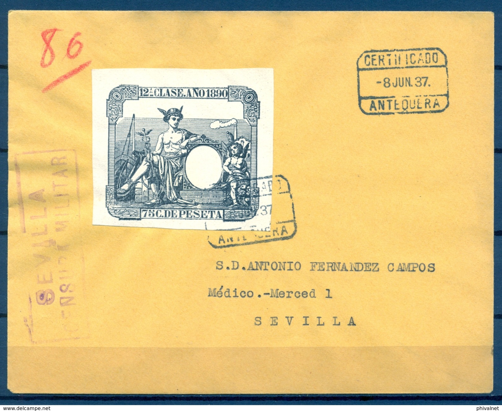 1937 , MALAGA , ANTEQUERA - SEVILLA , CERTIFICADO , FRANQUEADO CON SELLO DE POLIZAS , CENSURA , LLEGADA - Cartas & Documentos