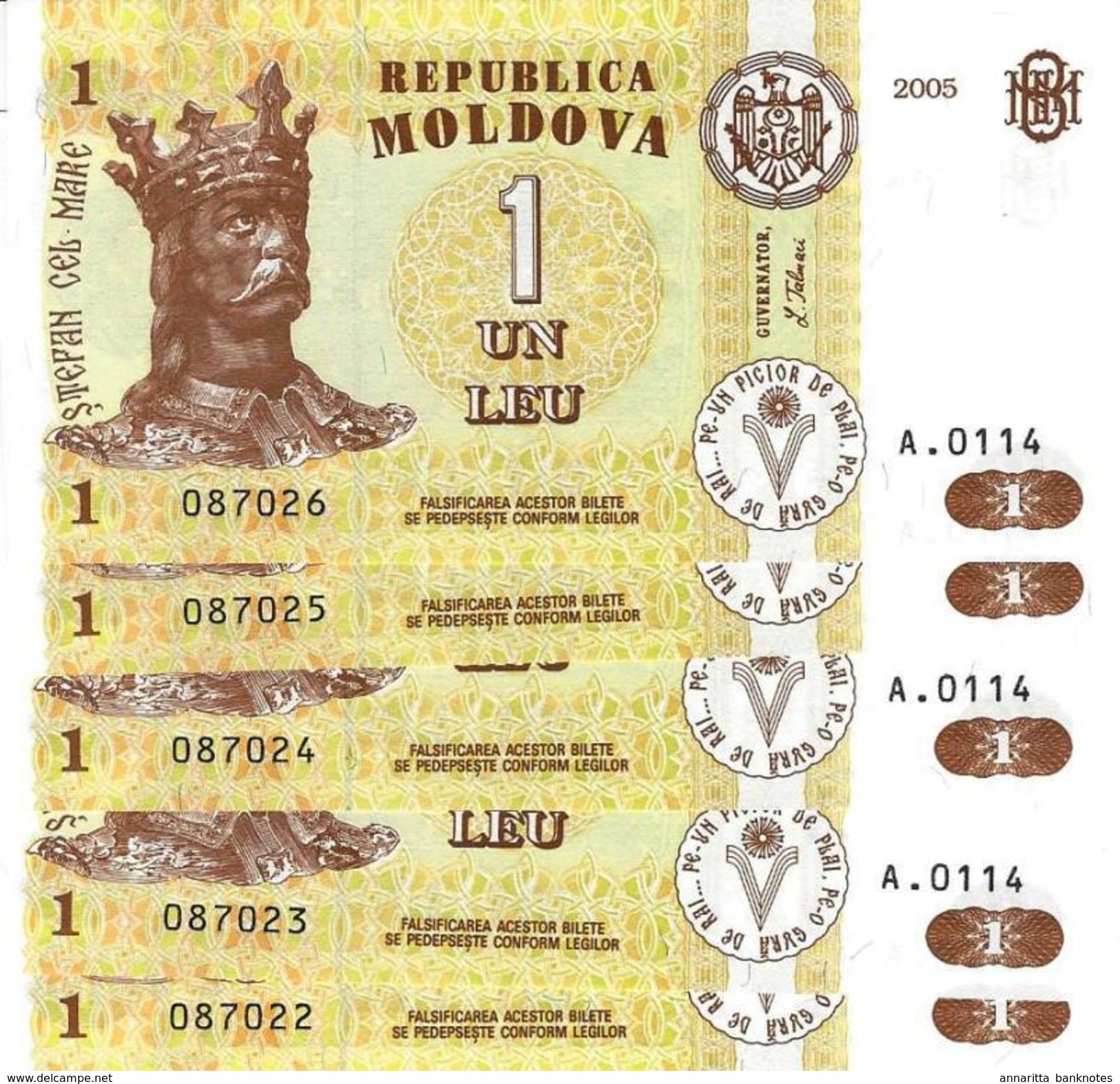 Moldova 1 Leu 2005, UNC, P-8f, MD108f (5 Pcs) - Moldova