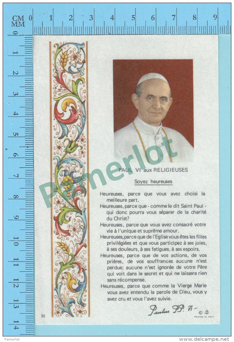 Le Pape Paul VI Aux Religieuses Soyez Heureuses Sur Papier Parchemin + Fac-similé  De Sa Signature -2 Scans - Devotion Images