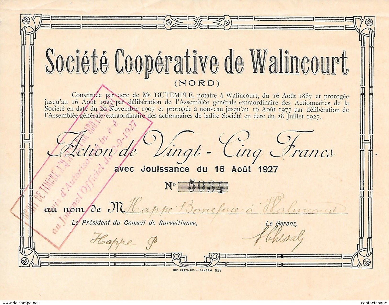 WALINCOURT   - Société Coopérative  - Action De Vingt Cinq Francs 1927 - Altri & Non Classificati