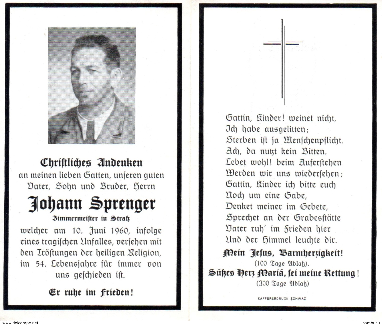 Andachtsbild - Sterbebild V JOHANN SPRENGER Zimmermeister In Straß Im Zillertal Gest. 10. Juni 1960 Im 54. Lj - Religion &  Esoterik