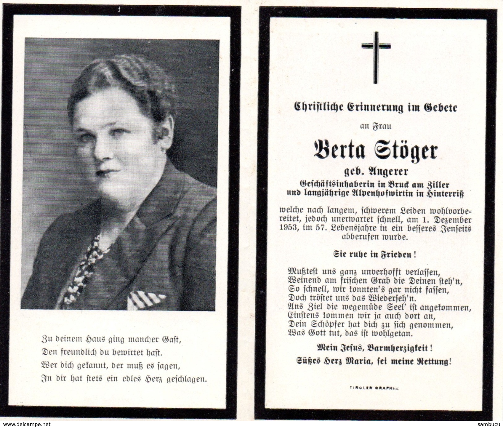 Andachtsbild - Sterbebild V BERTA STÖGER Geschäftsinhaberin In Bruck Im Zillertal Gest. 1. Dez. 1953 Im 57. Lj - Religión & Esoterismo