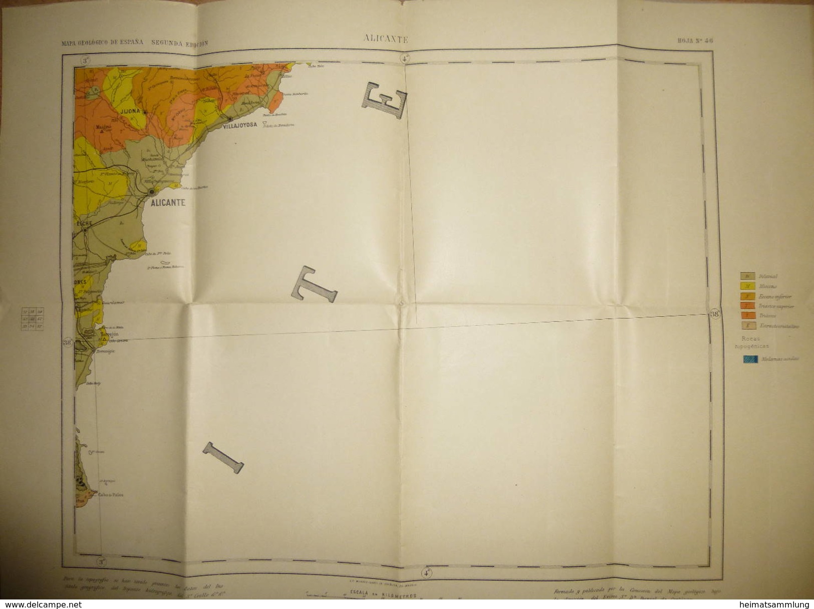 Mapa Geologico De Espana Ca. 1910 - Segunda Edicion - Alicante - Hoja N°46 - 40cm X 54cm - Maßstab 1:400'000 - Formado Y - Topographical Maps