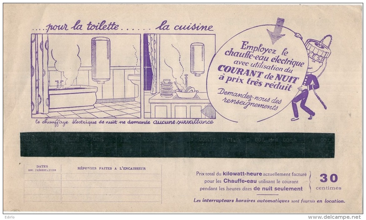 FACTURE  électricité Avec Pub Illustrée -  Energie électrique Du Sud Ouest  - 1937 - Courant De Nuit à Prix Réduit  ... - 1900 – 1949
