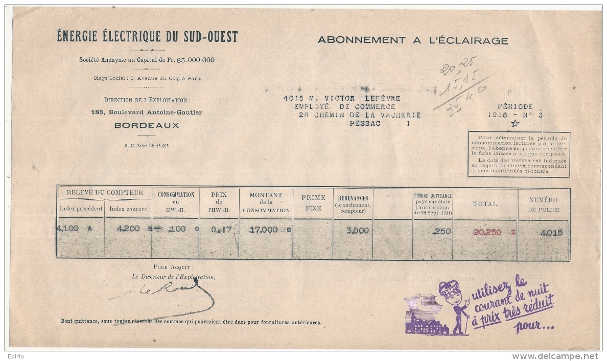 FACTURE  électricité Avec Pub Illustrée -  Energie électrique Du Sud Ouest  - 1937 - Courant De Nuit à Prix Réduit  ... - 1900 – 1949