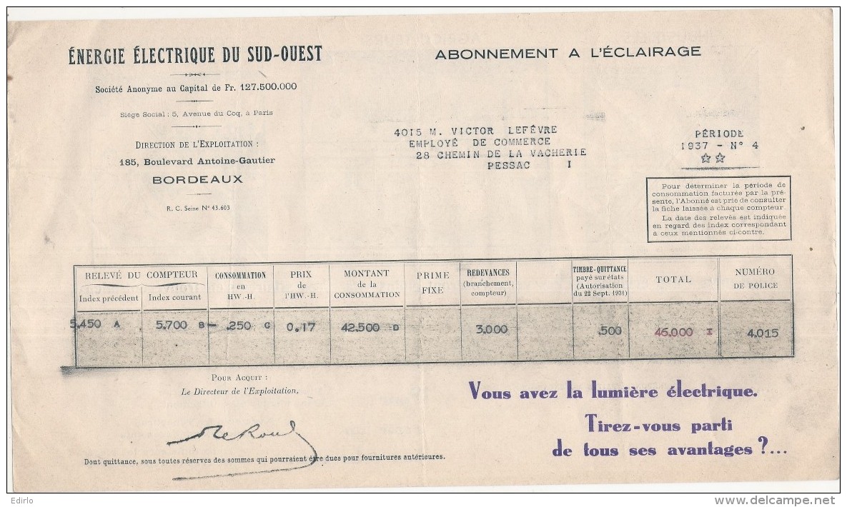 FACTURE  électricité Avec Pub Illustrée -  Energie électrique Du Sud Ouest  - 1937 - Industriels Agriculteurs  ... - 1900 – 1949