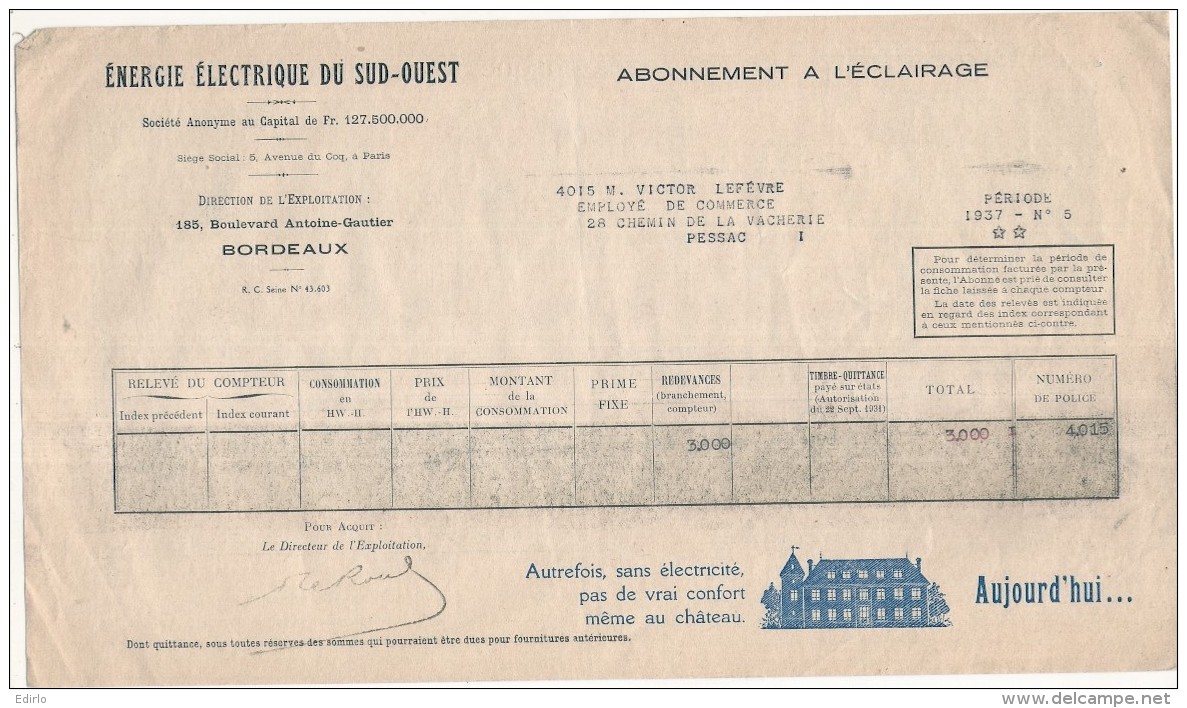 FACTURE  électricité Avec Pub Illustrée -  Energie électrique Du Sud Ouest  - 1937 - La Cuisine électrique ... - 1900 – 1949