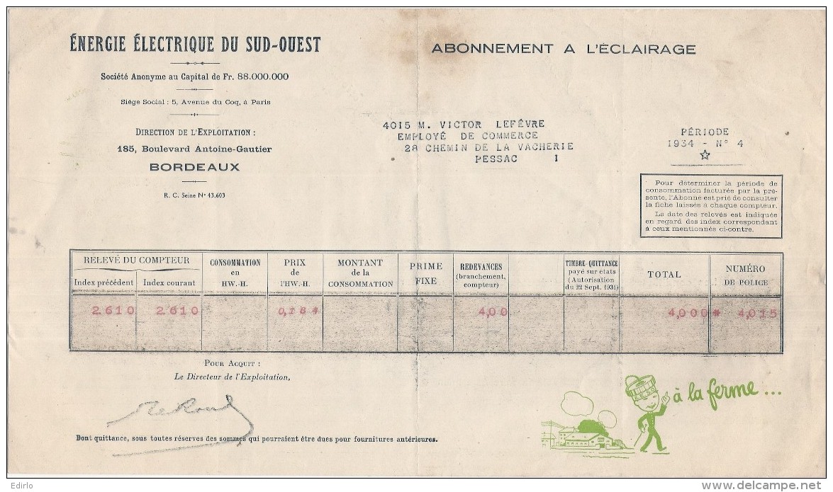 FACTURE  électricité Avec Pub Illustrée -  Energie électrique Du Sud Ouest  - 1937 -  Une Puissance De 2 Ou 3 Ch ... - 1900 – 1949