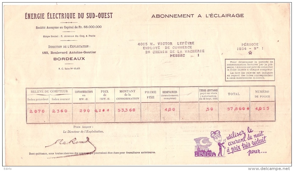 FACTURE  électricité Avec Pub Illustrée -  Energie électrique Du Sud Ouest  - 1937 -pour La Toilette ... - 1900 – 1949