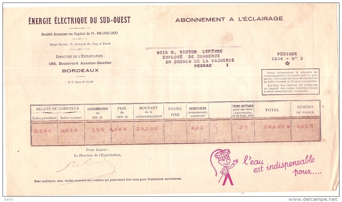 FACTURE  électricité Avec Pub Illustrée -  Energie électrique Du Sud Ouest  - 1937 -pour La Ferme, L'arrosage ... - 1900 – 1949