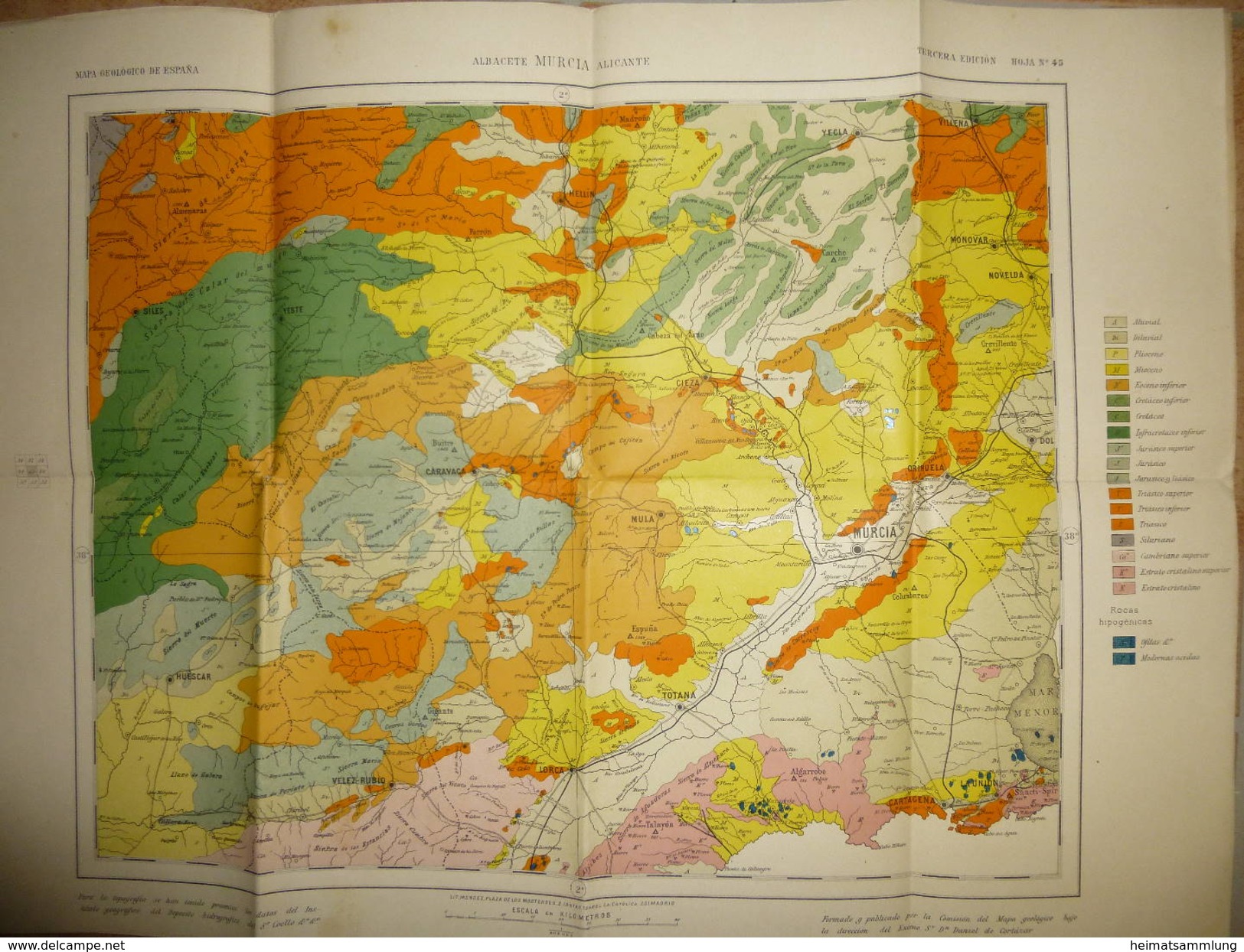 Mapa Geologico De Espana Ca. 1910 - Tercera Edicion - Albacete Murcia Alicante - Hoja N°45 - 40cm X 54cm - Maßstab 1:400 - Topographische Karten