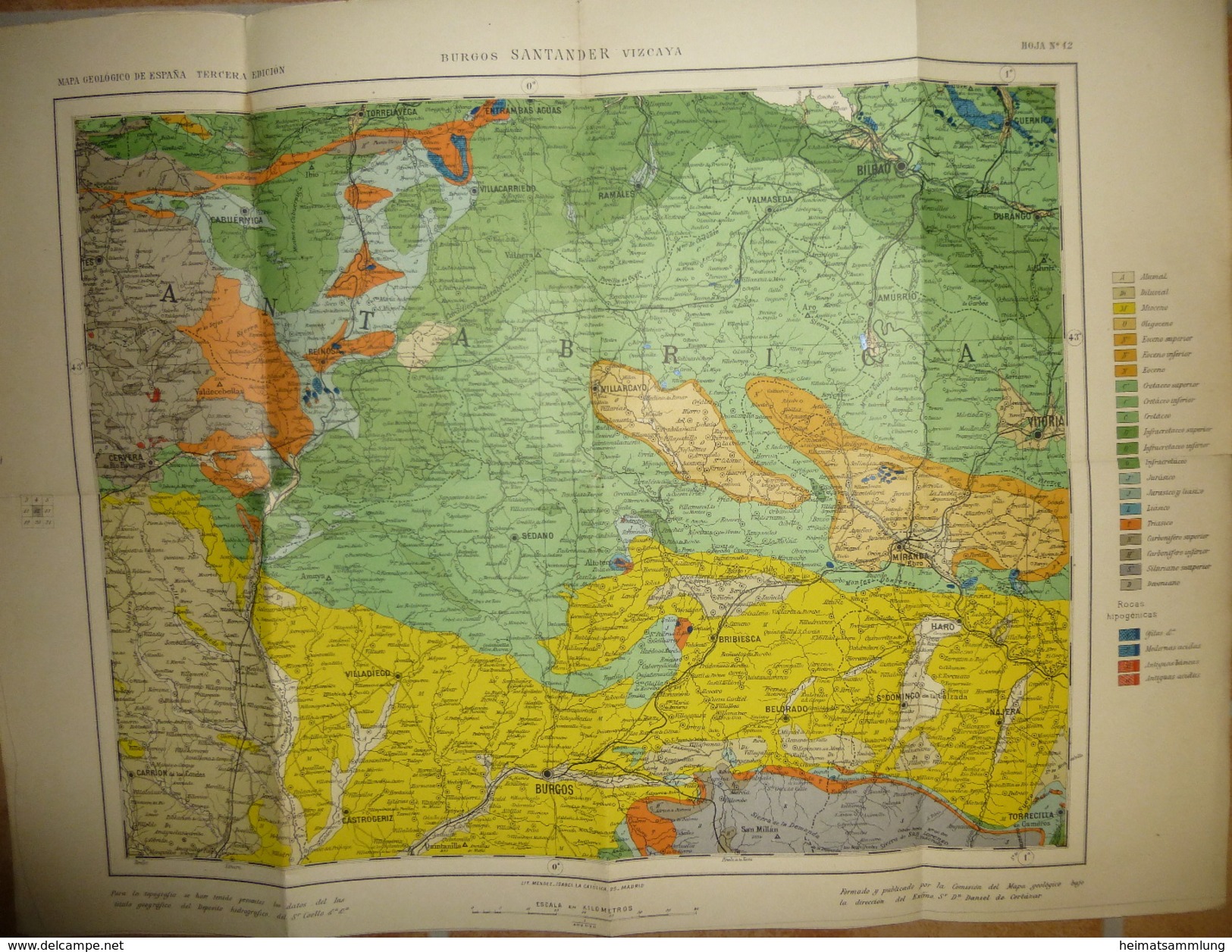 Mapa Geologico De Espana Ca. 1910 - Tercera Edicion - Burgos Santander Vizcaya - Hoja N°12 - 40cm X 54cm - Maßstab 1:400 - Topographische Karten