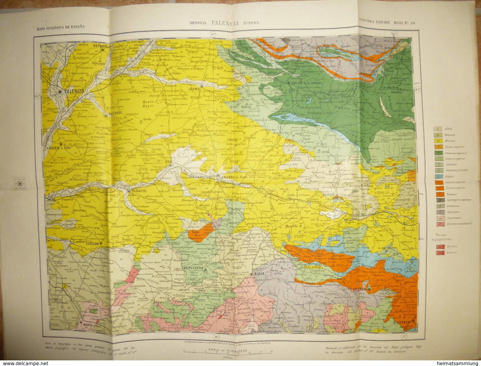 Mapa Geologico De Espana Ca. 1910 - Tercera Edicion - Segovia Palencia Burgos - Hoja N°20 - 40cm X 54cm - Maßstab 1:400' - Topographical Maps