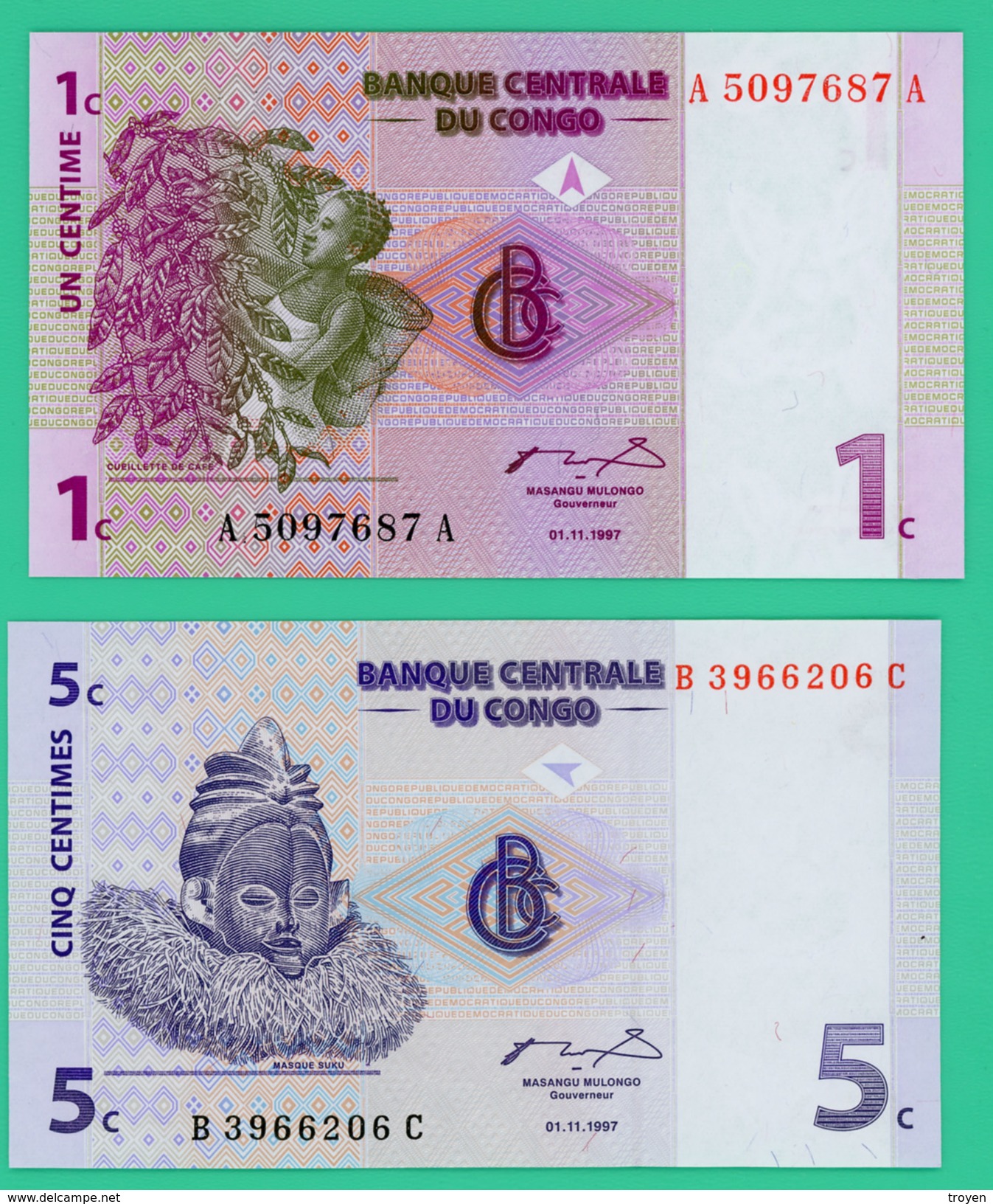 1 Et 2 C - Congo - 2 Billets - Neufs - N° A5097687  A - B3966206C - 1997 - - République Du Congo (Congo-Brazzaville)