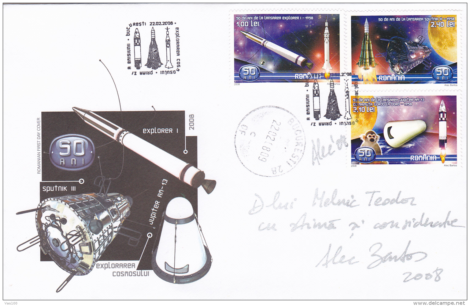 SPACE SPUTNIK III,COVER FDC SEND TO MAIL ,AUTOGRAF,2008 VERY RARE ! ROMANIA. - FDC