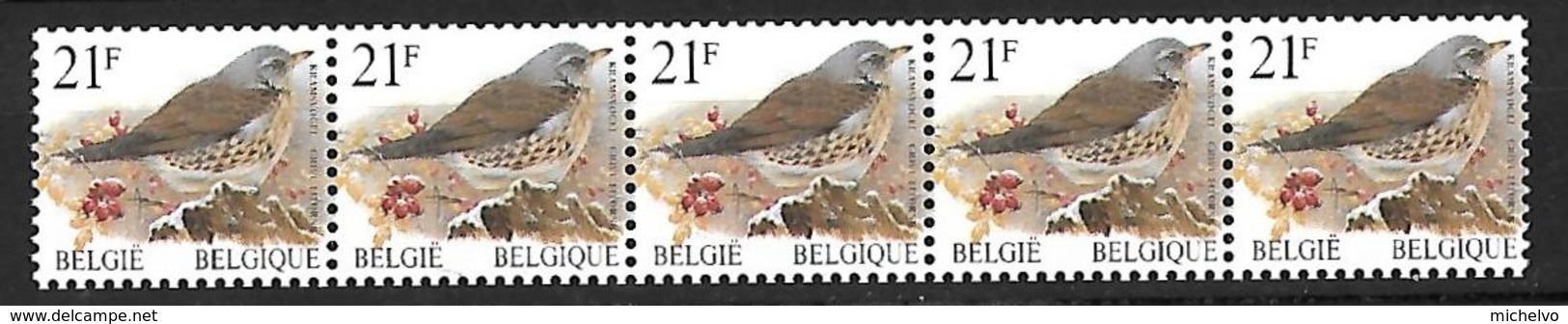 Belg. 1999 - COB N° R87/89 ** - Grive Litorne (en Bande De 5 + Numéro) - 2792 - Coil Stamps