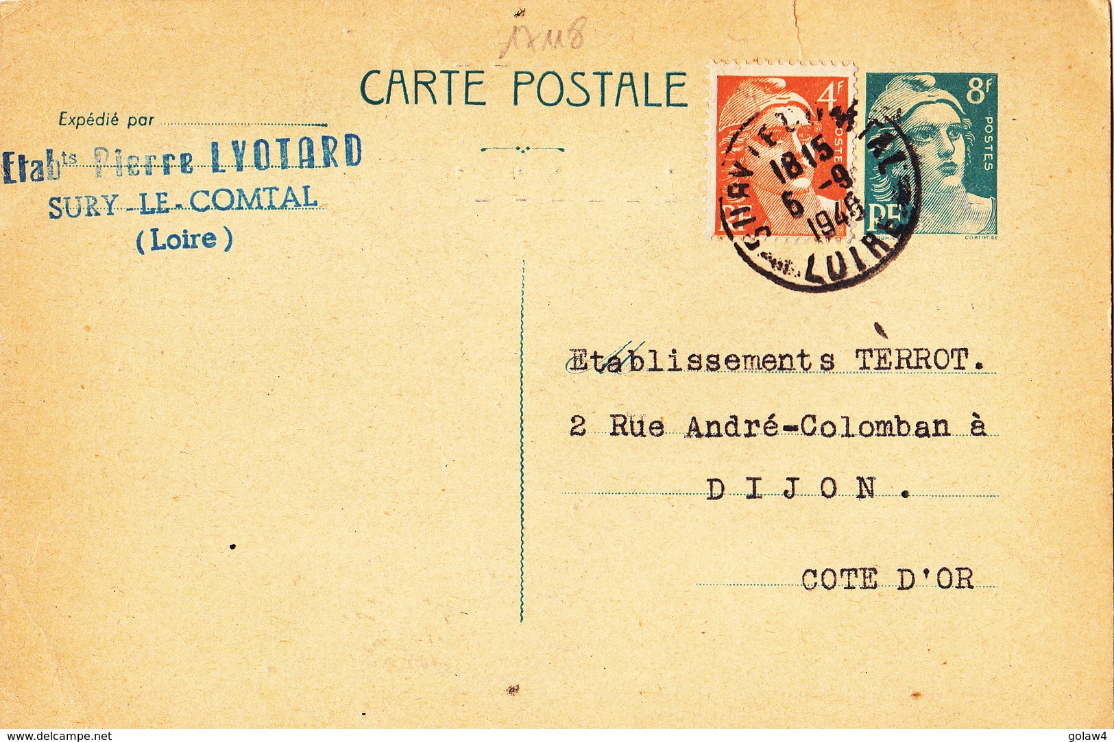 17118# MARIANNE GANDON ENTIER POSTAL Obl SURY LE COMTAL LOIRE 1949 DIJON COTE D' OR - 1921-1960: Période Moderne