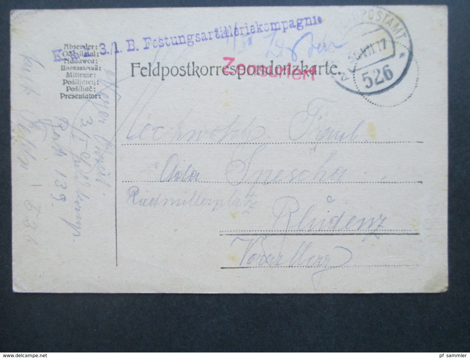 Österreich Feldpost 1917 K.u.K. 3/1 Festungsartilleriekompagnie. Feldpostamt 526. Zensuriert - Lettres & Documents