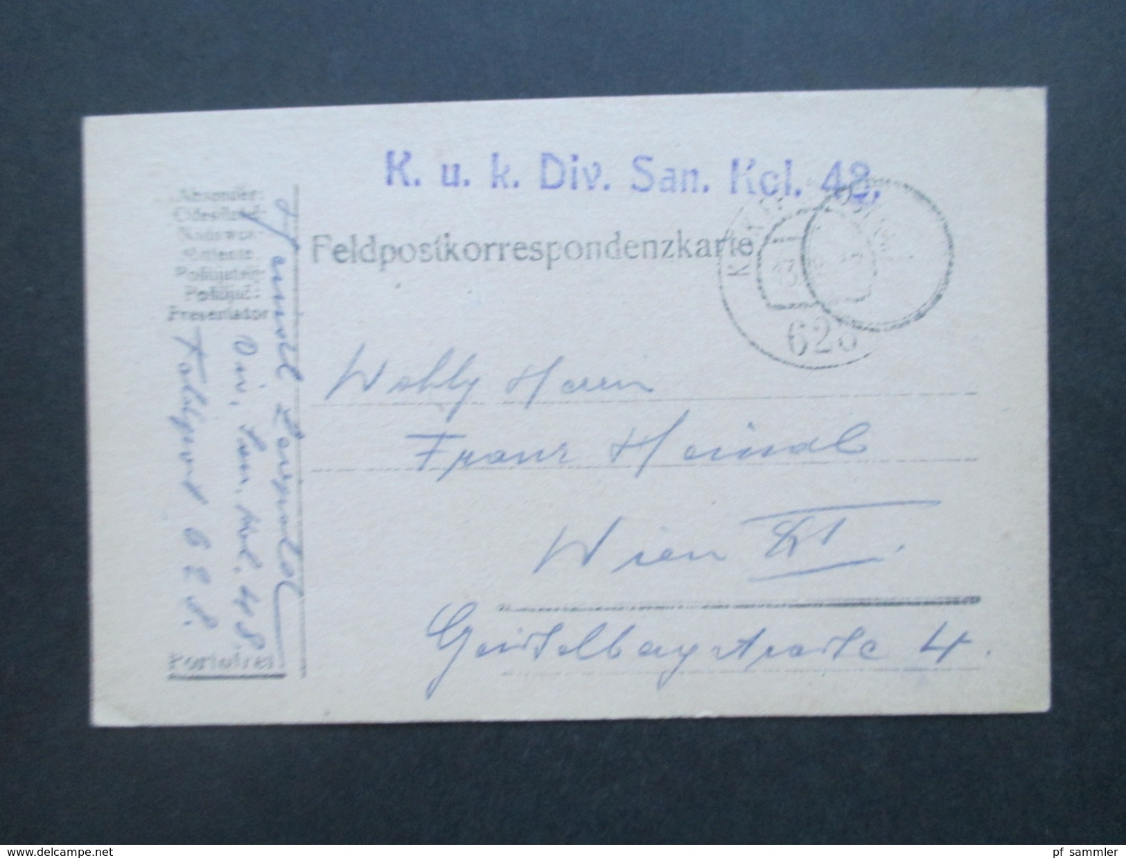 Österreich Feldpost 1. WK 1917 K.u.K. Div. San. Kol. 48. Sanitäter!  Feldpostamt 628 - Briefe U. Dokumente