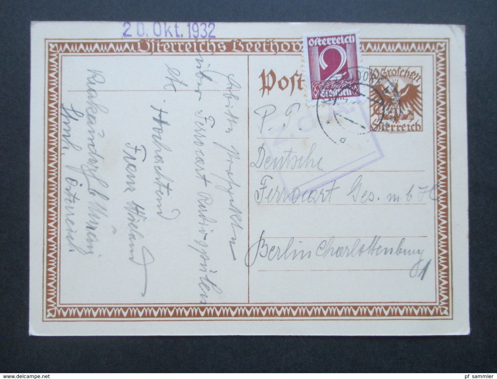 Österreich 1927 / 1932 Ganzsache P 275 Beethoven Mit Zusatzfrankatur Nach Berlin. Z.d.A. Kastenstempel - Cartas & Documentos