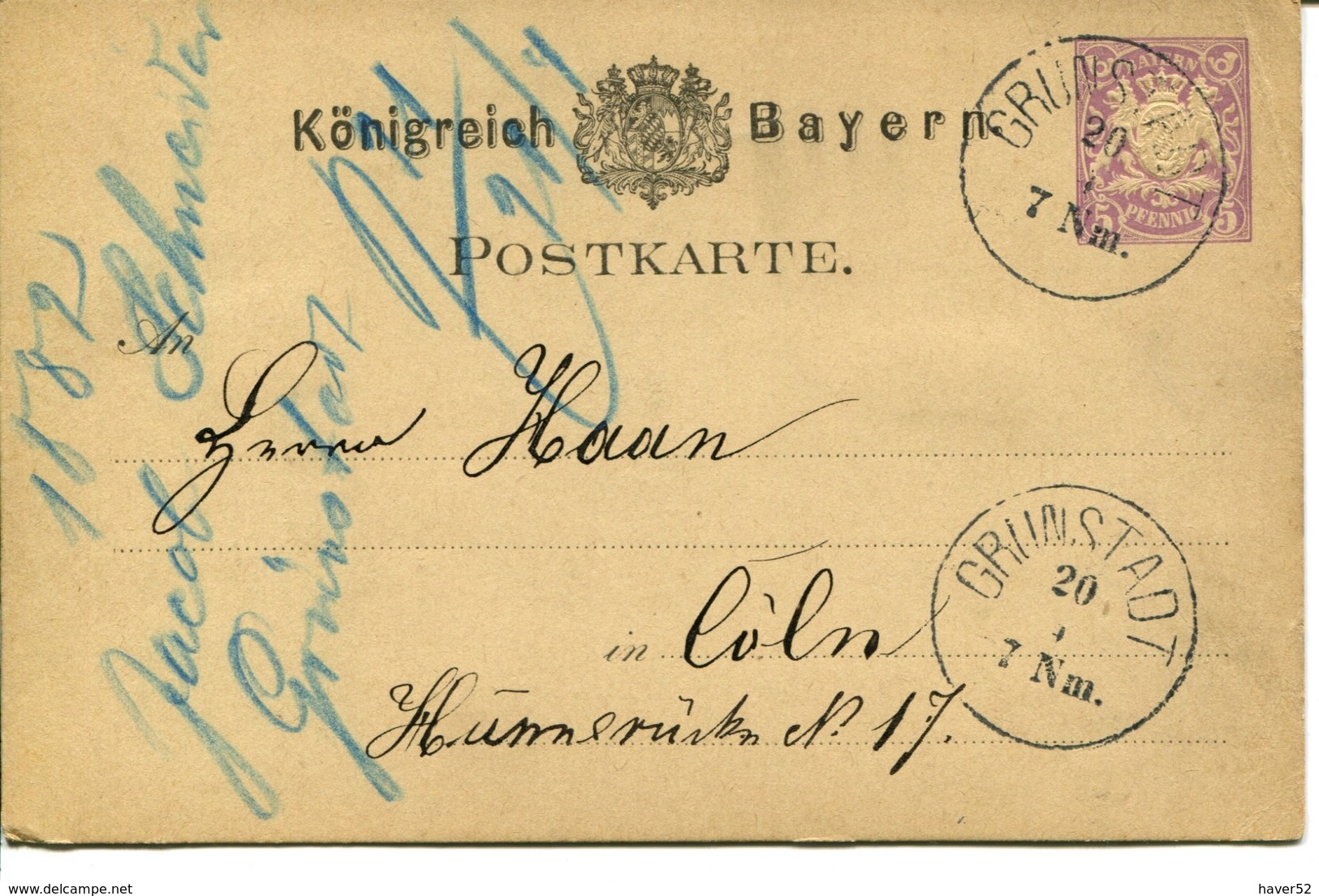 Postkarte Von Grünstadt Nach Cöln 1882 -  - See Scan - Grünstadt