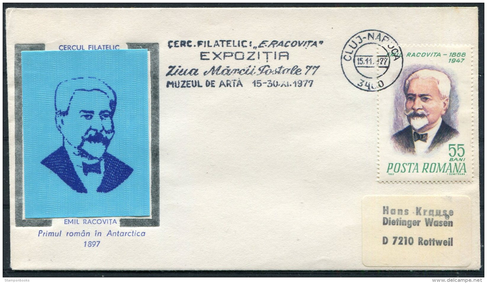 1977 Romania Cluj Emil Racovita Antarctic Explorer Cover - Polar Explorers & Famous People