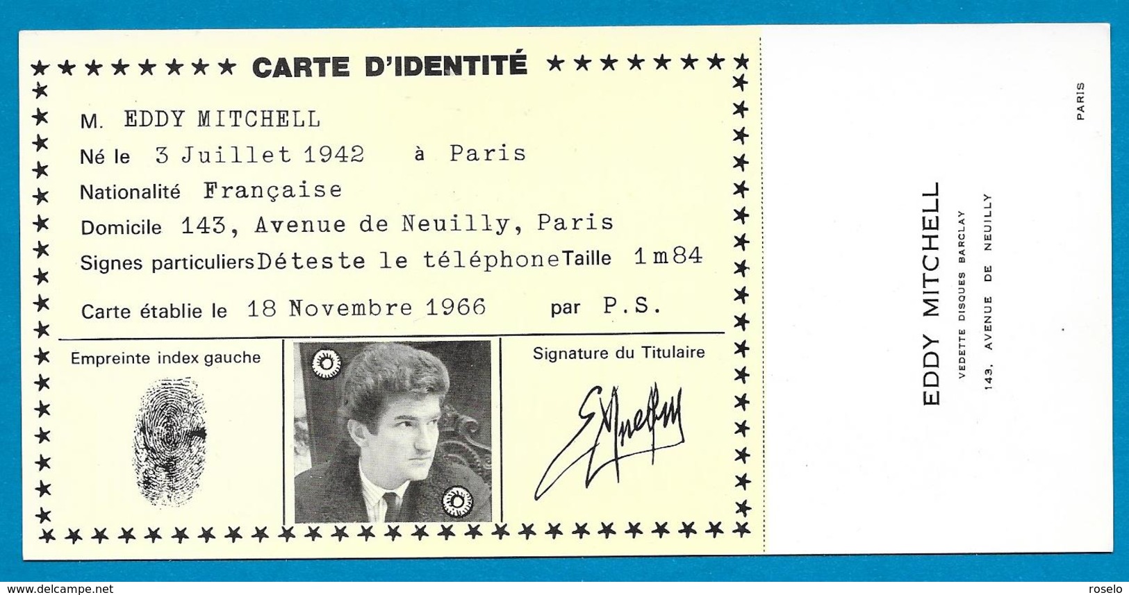 CARTE D'IDENTITE EDDY MITCHELL COLLECTOR 1966 - Collections