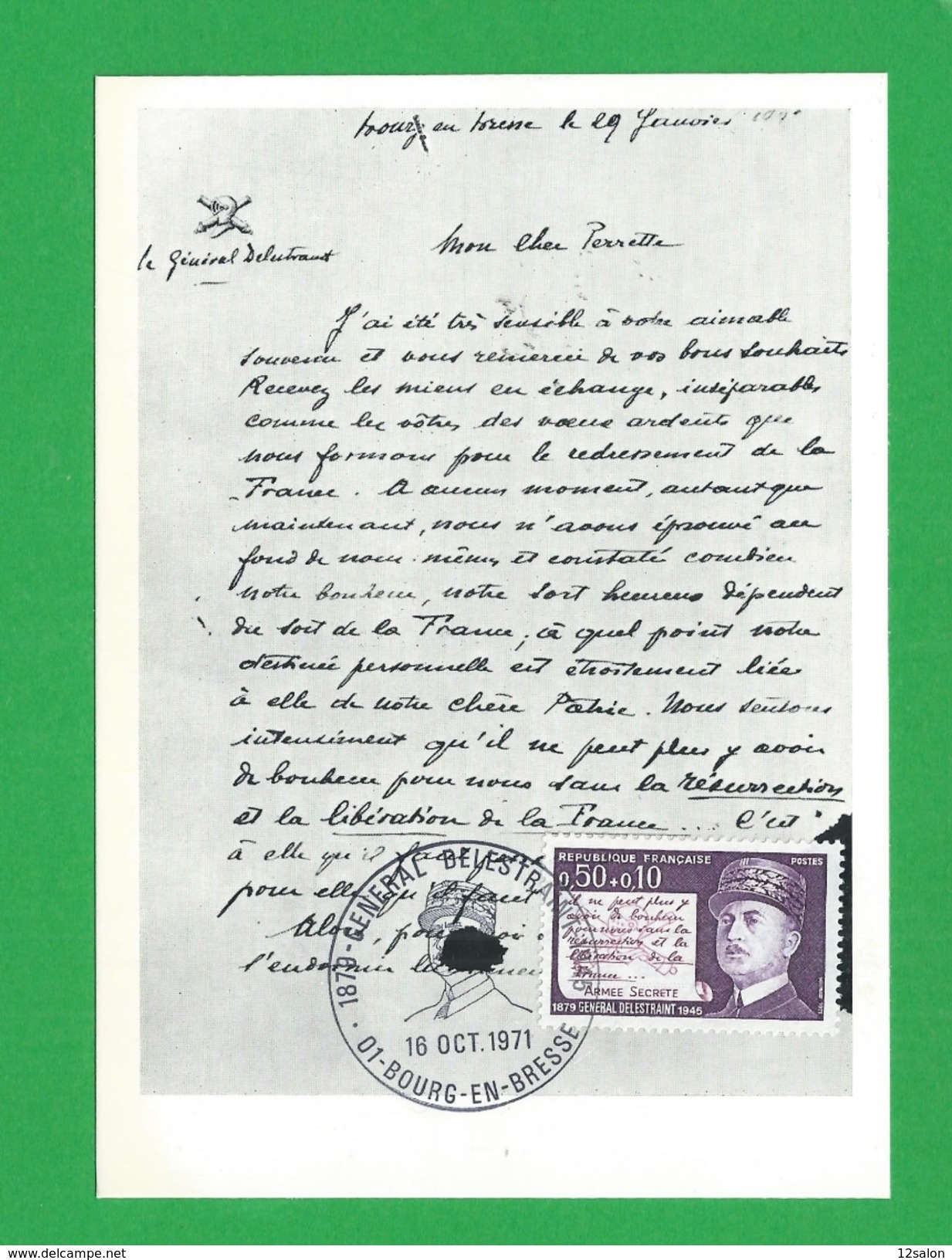 FRANCE CARTE MAXIMUM  N° 1689 Général DELESTRAINT BOURG EN BRESSE Theme Résistant Dachaux Armée Secrete - 1970-1979