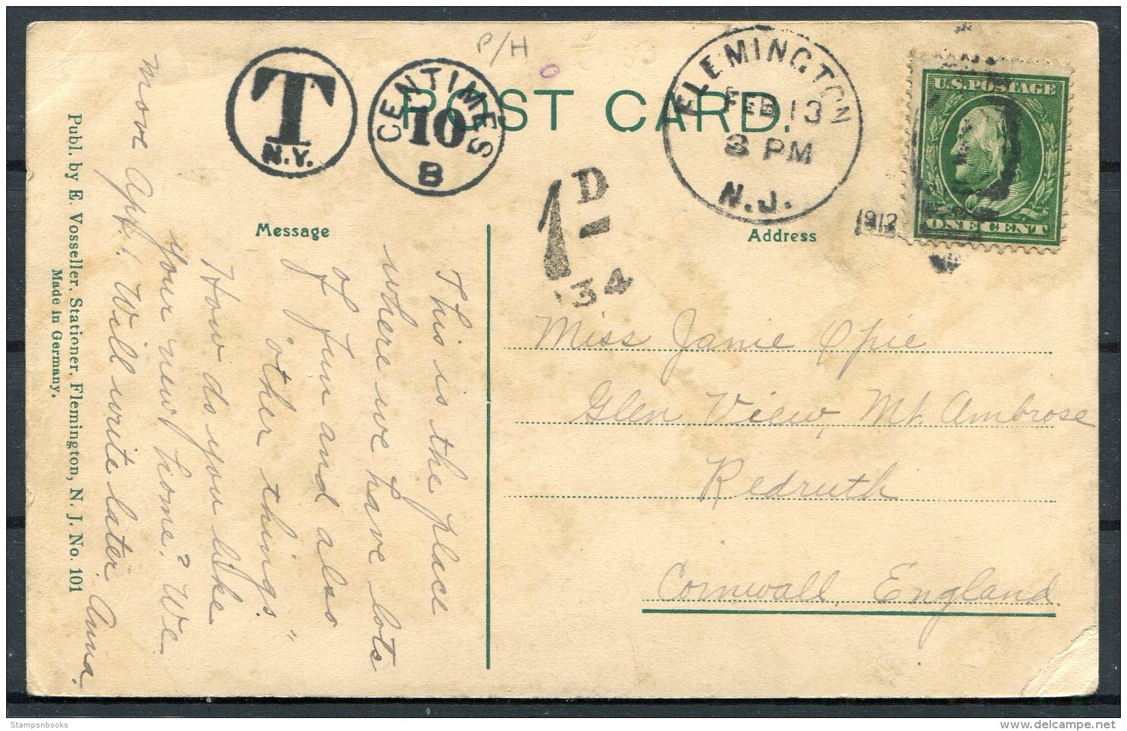 1913 USA Reading Academy Flemington, New Jersey Postcard - Redruth Cornwall GB. Postage Due Taxe - Covers & Documents