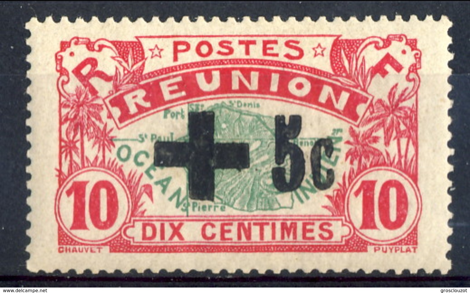 Reunion 1915-16 N. 8 C. 5 Su C. 10 Sovrastampa Nera MH Cat. &euro; 200 - Unused Stamps