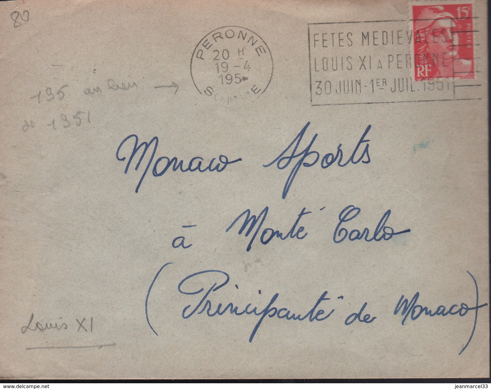 Lettre Flamme Secap Peronne 19 -4 195* (1951) " Fetes Médiévales Louis XI A Peronne 30 Juin 1951 " - Mechanical Postmarks (Advertisement)