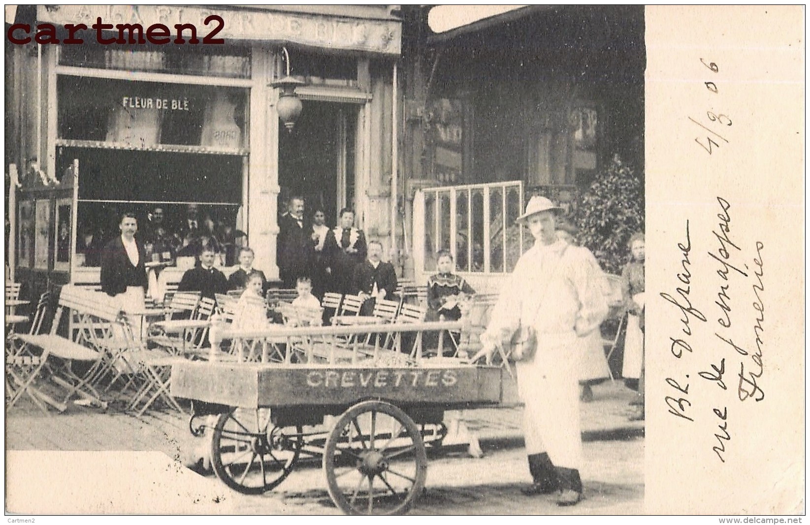 RARE CPA : FRAMERIES CAFE DEVANTURE " A LA FLEUR DE BLE " MARCHAND DE CREVETTES BOULEVARD DUFRANE RUE DE JEMAPPES 1900 - Frameries