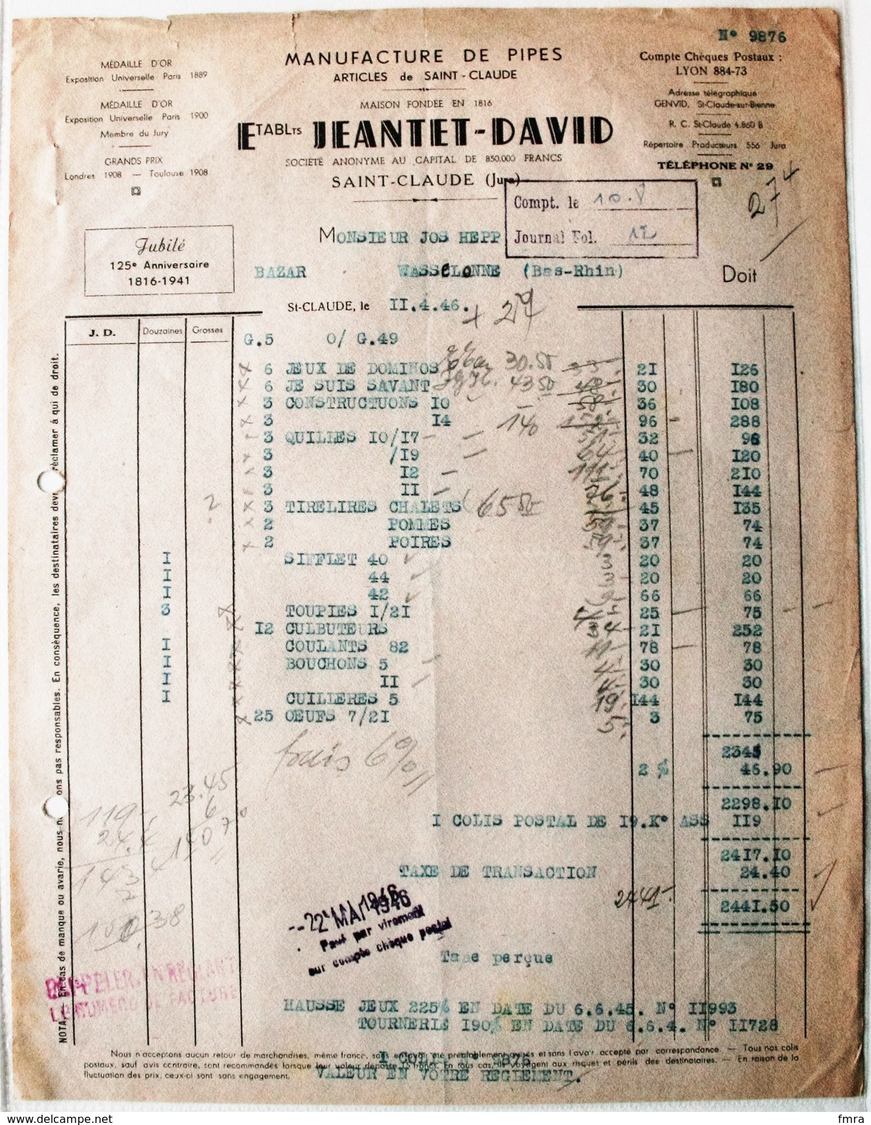 Facture (1946) - SAINT-CLAUDE (Jura) - Ets JEANTET-DAVID - Pipes - Briquets - Etc ... Bois Du Jura Tabac /F50 - 1900 – 1949