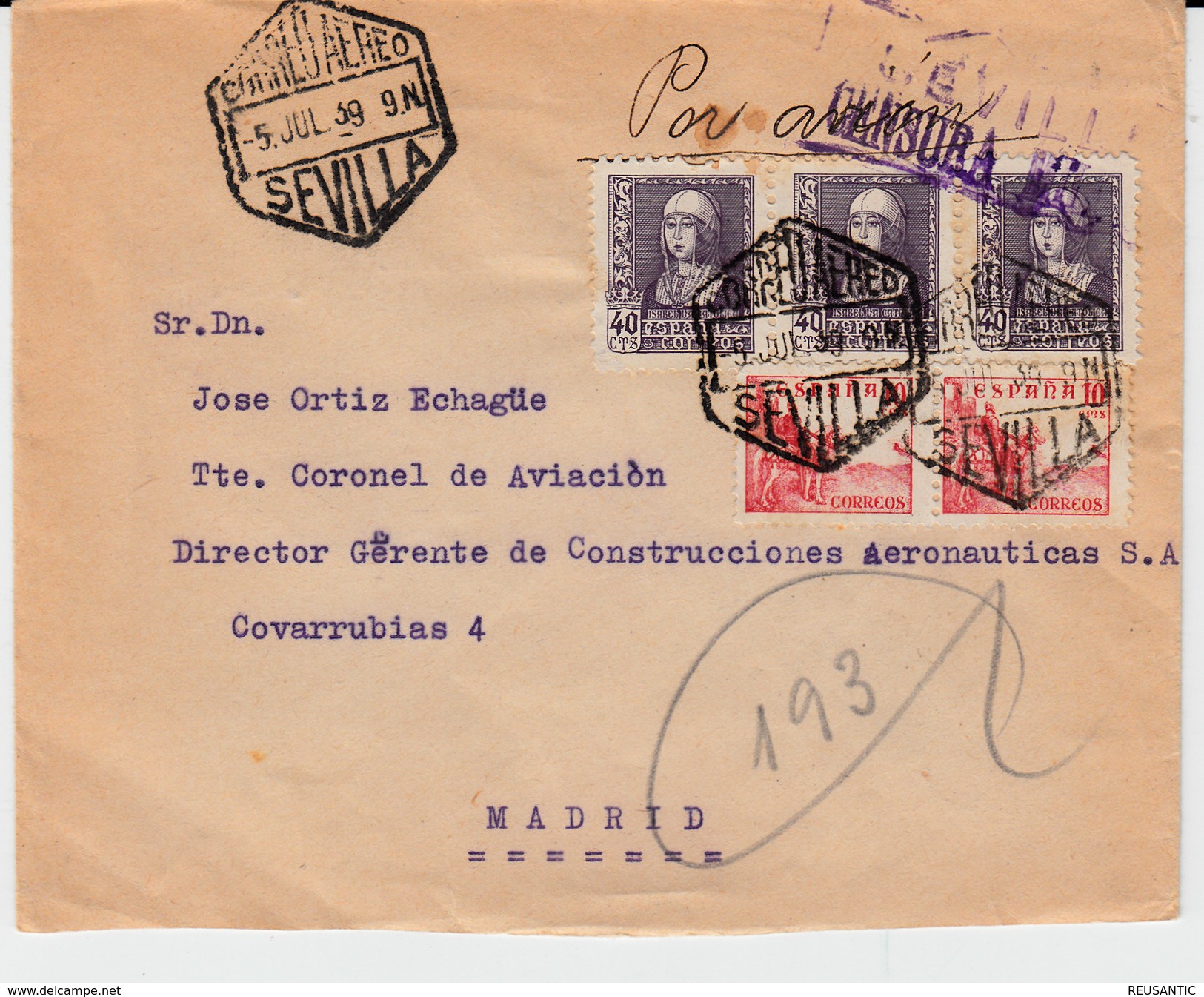 SOBRE CON MATASELLOS DE CORREO AÉREO Y CENSURA MILITAR DE SEVILLA DESTINO C.A.S.A.   - JULIO 1939 - Lettres & Documents