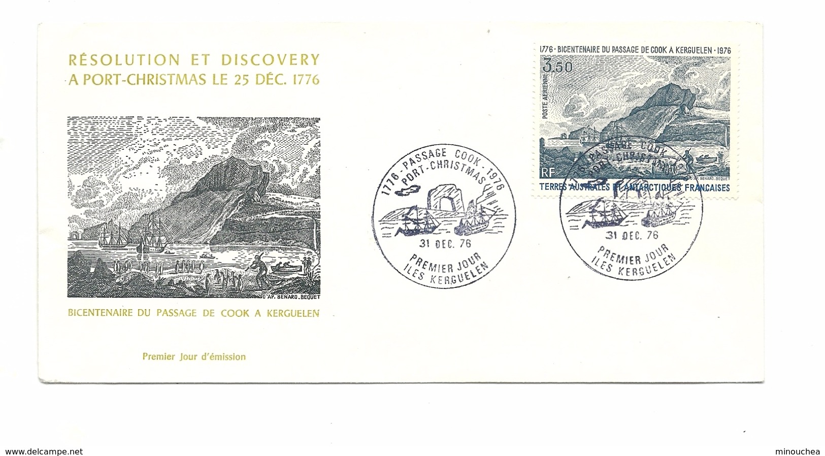 FDC Des TAAF - Poste Aérienne - Bicentenaire Du Passage De Cook à Kerguelen - Année 1976 - FDC