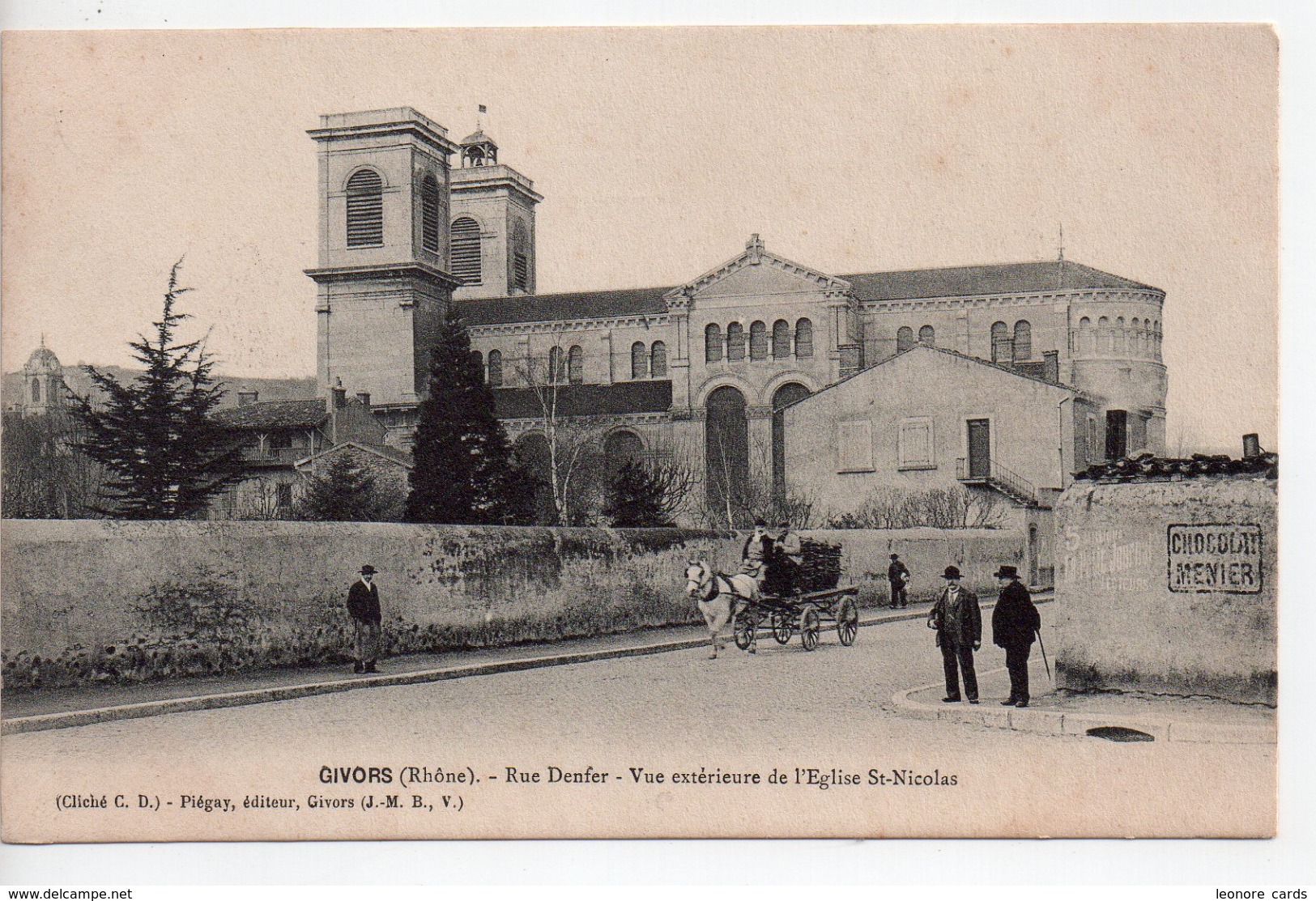 CPA.69. Givors.Rue Denfer.Vue Extérieure De L'Eglise Saint Nicolas.animé Attelage Personnages - Givors